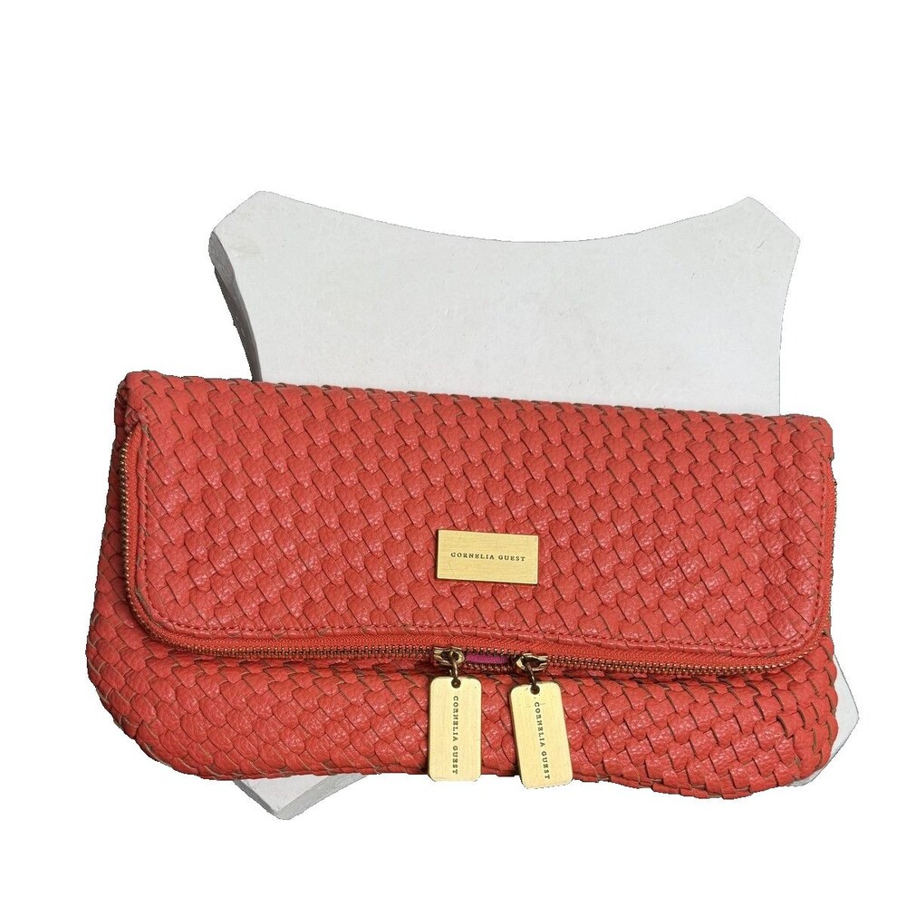 Cornelia Guest Clutch Womens coral Woven vegan‎ Leather Foldover Purse Zip Bag